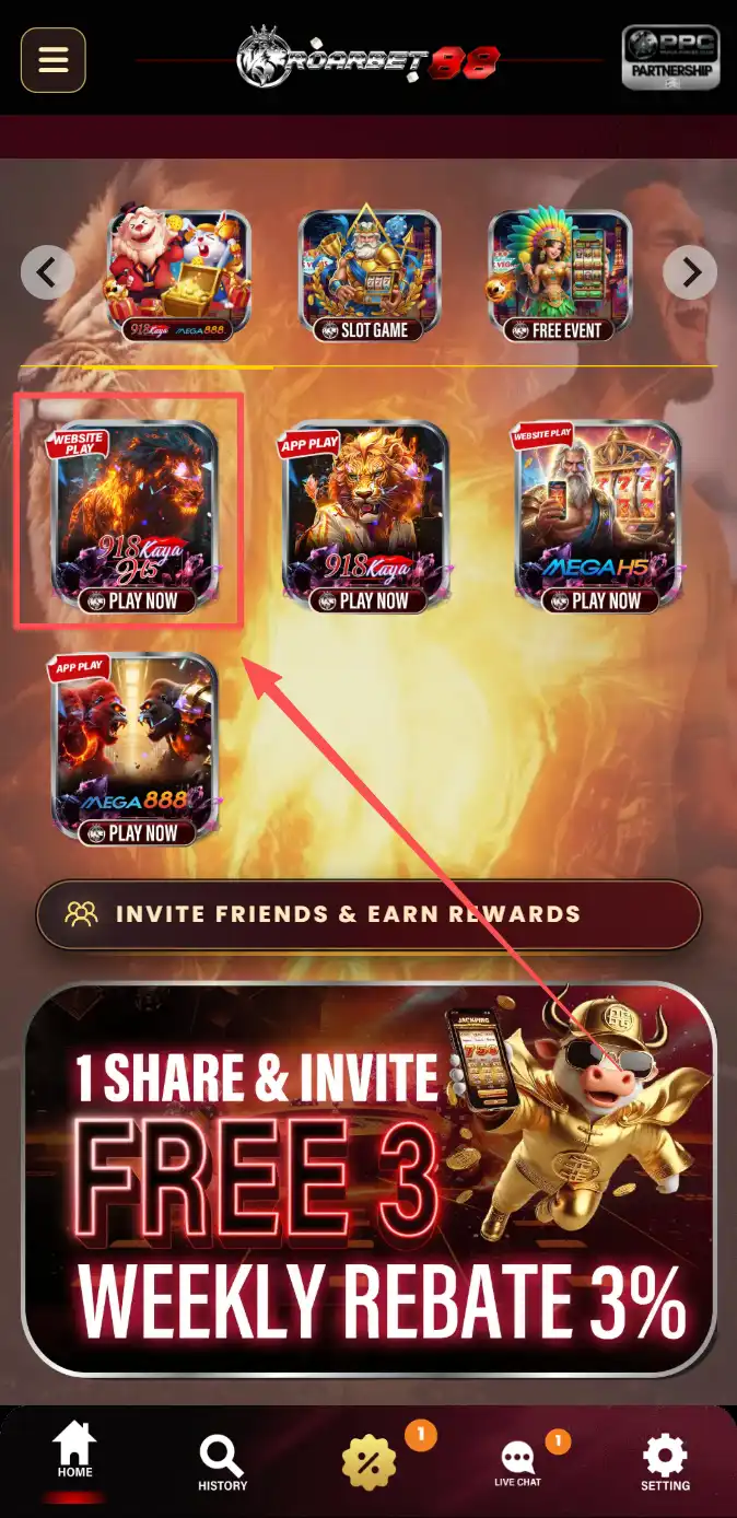 918KAYA H5 on ROARBET88 platform home page — find 918KAYA H5 in the game providers section