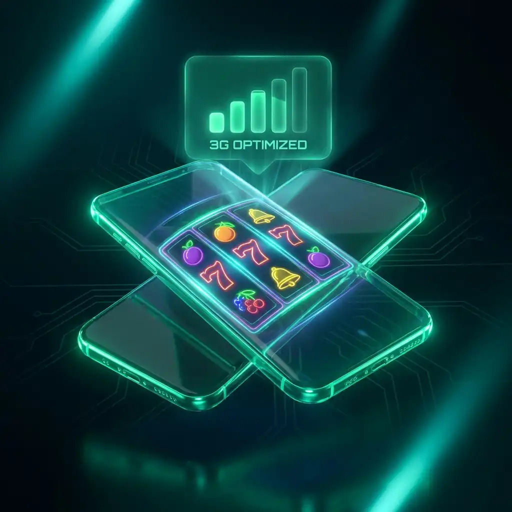 Futuristic smartphone showing low data pokies game with stable 3G signal connection